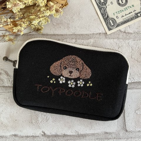 ふわもこトイプードル刺繍✿コインケース　ミニポーチ