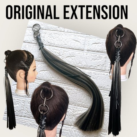 【現品限り】originalリングエクステ　ポニーテールリング　成人式　イベント　個性的髪飾り　ラップヘア　ブラックレザー　