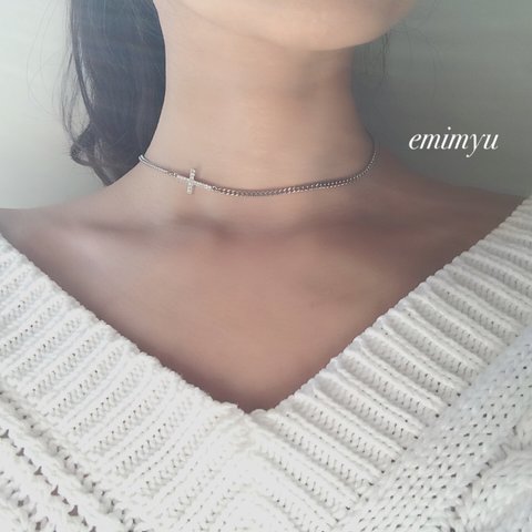 Cross Silver Crystal  Choker