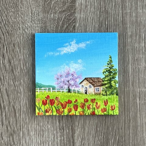 プチキャンバス絵画シリーズ♡アクリル画《原画》✴︎ チューリップと桜  ✴︎