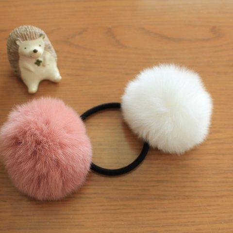 【受注後製作】ラビットファーのヘアゴム　ホワイト×モカピンク