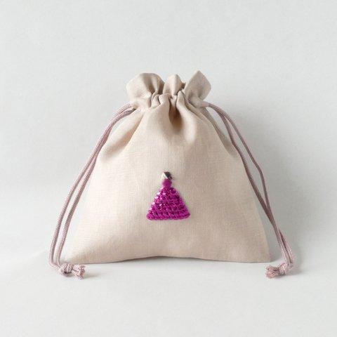 リネンの手刺繍巾着ポーチ＊ピンクドレスの女の子