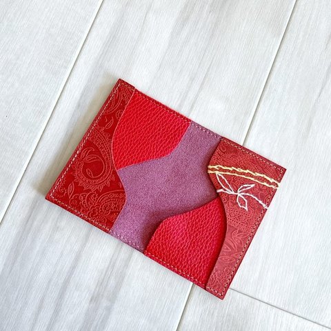 赤一色と刺繍 カードケース 本革 レザー 名刺入れ シュリンク レッド