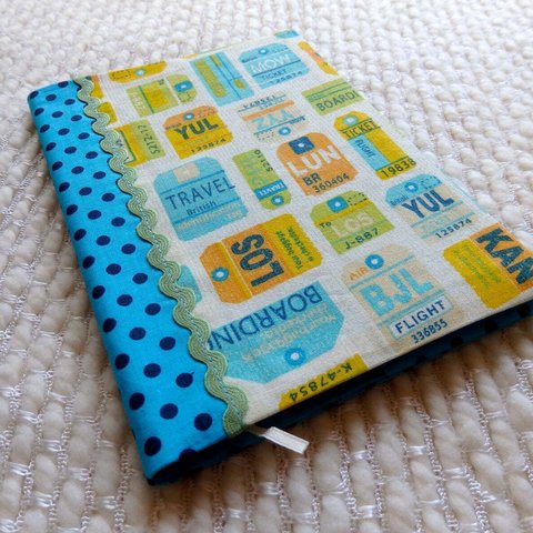 ラゲージタッグノートブックカバーとレトロロマンチックノートブック、Travel notebook, fabric covered retro notebook with travel tags