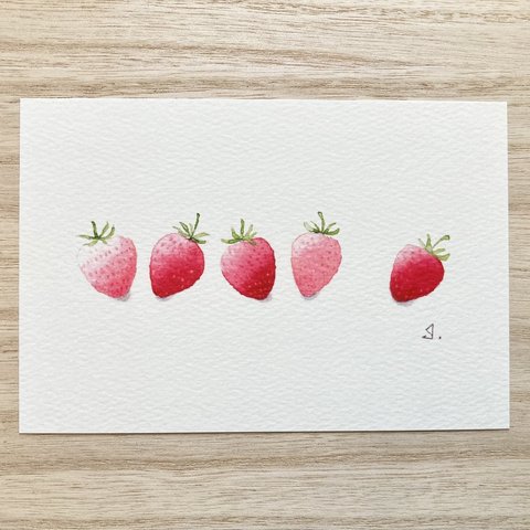 🍓透明水彩画「いちごコロコロ」イラストポストカード2枚セット フルーツ 苺　イチゴ　🍓