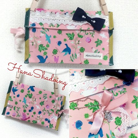 【通帳ケース*チャーム付き★Navy系/PINK*HappyBIRDS＆CLOVER★】