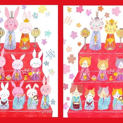 【再販】ひな祭り、ネコとウサギのカードセット