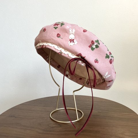 サイドリボン　うさぎと苺のコーデュロイベレー帽（ピンク）　ベビー・キッズ