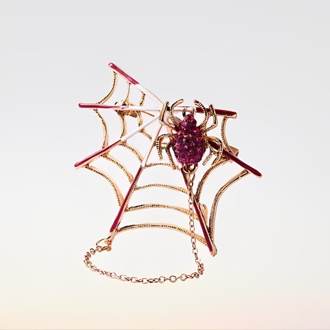 H2175 【動物】素敵なピンク蜘蛛巣 ラインストーン クモ ブローチ