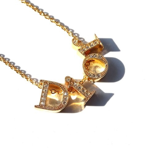 「Christian Dior」 Vintage Gold Tone Rhinestone Logo Necklace