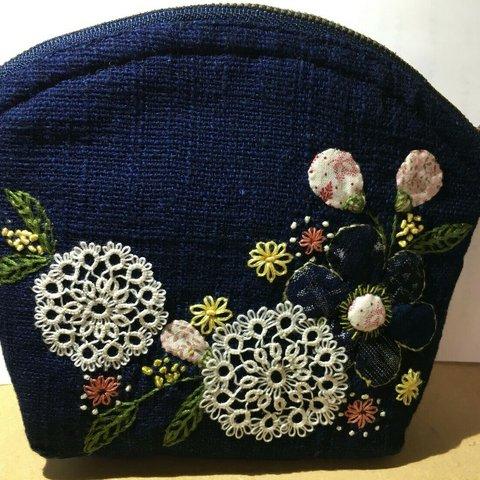 タティングレースと手刺繍仕上げ！古布のお花ポーチ