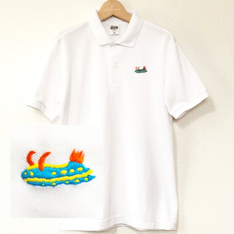 アオウミウシ刺繍のポロシャツ　UVカット　SS～Lサイズ（白） 