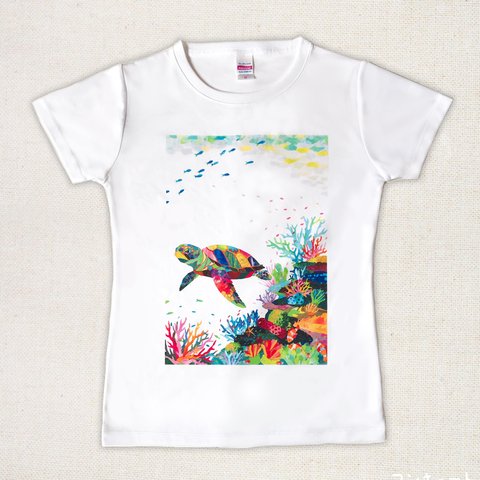 【受注生産】Tシャツ　海ガメと珊瑚（印刷面A4サイズ）