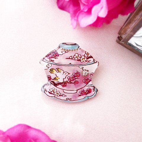 ChinaTea cup brooch -花と鳥- ｜中国茶器ティーカップブローチ