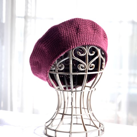 シンプル  ニットベレー  帽子    手編み  ワインレッド