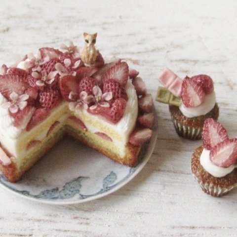 茶色猫🐈🌸いちごと抹茶のショートケーキタルトセット🍰🥧カップケーキ