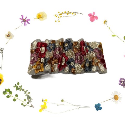 インド刺繍リボン シャーリング 花柄 バレッタ