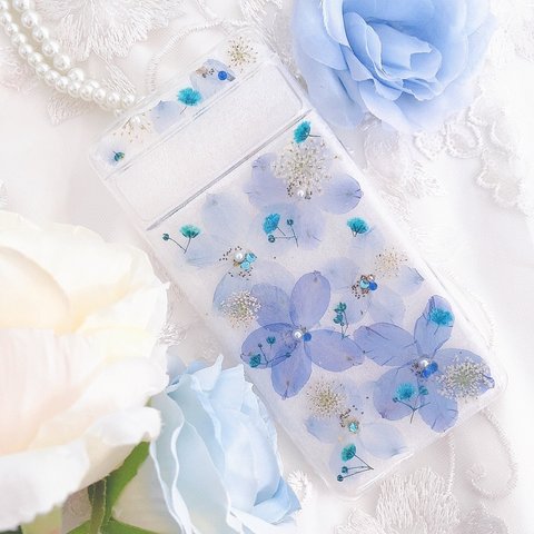 セール❣️全機種対応♡早発送♡アクアブルー♡デリフィニウムの押し花スマホケース♡全機種　Google pixel Xperia Android GALAXY AQUOS