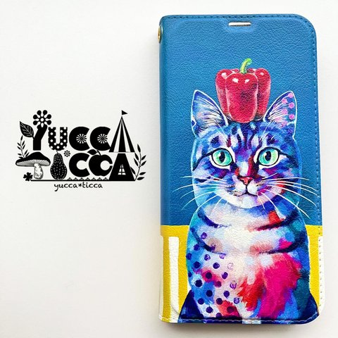 猫絵「アメリカンショートヘア＆パプリカ」 iPhone 帯ナシ手帳型スマホケース