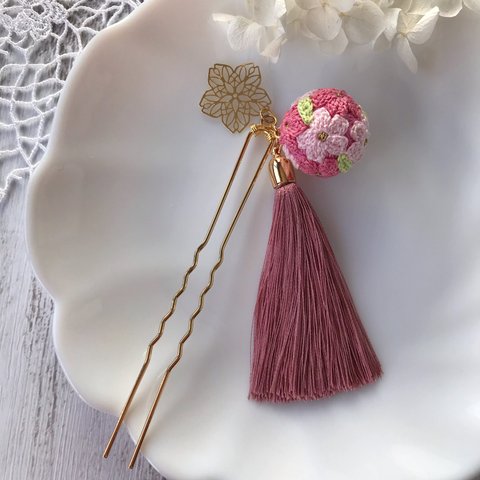 手毬かんざし✳︎レース花手まり✳︎レース編みの花かんざし✳︎✳︎てまり簪✳︎カンザシ✳︎ヘアアクセサリー✳︎髪飾り