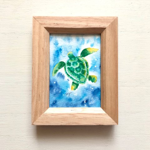 🐢「幸せを運ぶウミガメ」水彩画イラストミニ額  プチギフト  カメ　海亀　海　🐢