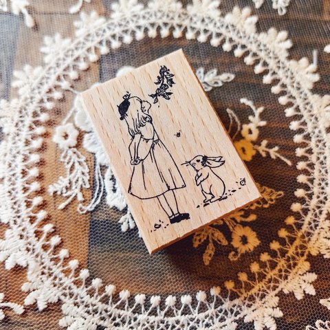 木製スタンプ うさぎと女の子♡ コラージュ素材 はんこ ラバースタンプ