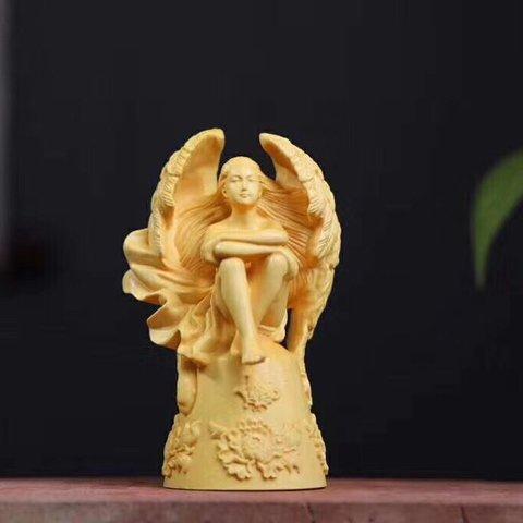 天使 黄楊木の手彫り 美術工芸品 彫刻置物 工芸彫刻 細工木彫り仏像i