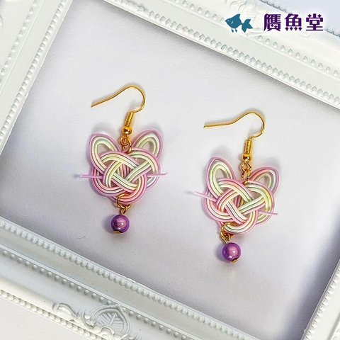 【再販×3】水引＊ゆめかわ猫＊パープル＊ピアス/イヤリング