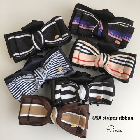 【受注製作 57】USA stripes ribbonのバナナクリップ or バンスクリップ