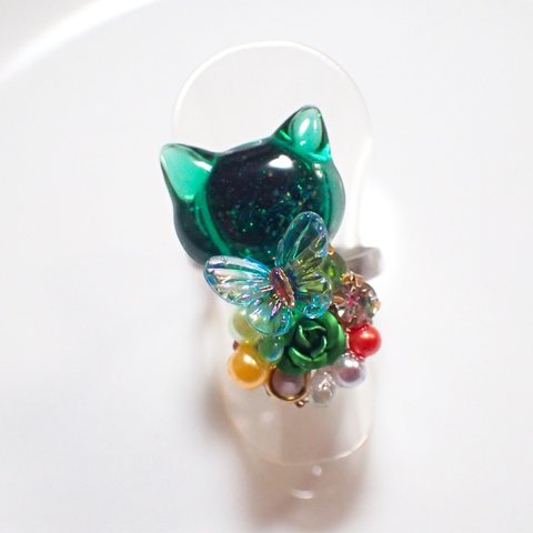 猫のフォークリング 指輪 レジン ビジュー パール 薔薇 緑