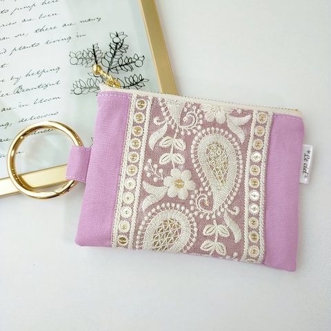 【送料込み】インド刺繍リボンポーチ　12cmファスナー　カラビナ付き