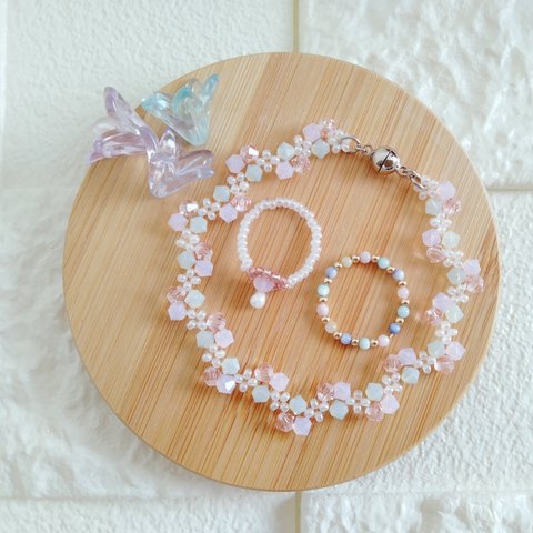 春桜ブレスレットと淡水真珠貝(+ゴールドフィルド)の指輪セット