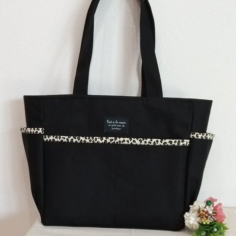 【受注制作】黒帆布×レオパード(茶系)A4サイズ   サイドポケット  バッグ