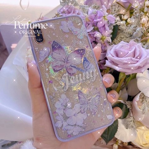 名入れ バタフライ🦋✨フラワー キラキラ 惑星✨フチあり 宇宙 蝶々 レインボー レーザー イニシャル オリジナル スマホケース