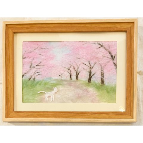 和紙ちぎり絵『桜並木と白猫』葉書サイズ原画