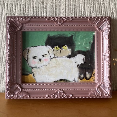 絵画。原画【かわいい黒猫と白いワンちゃんはいい友達ですね】