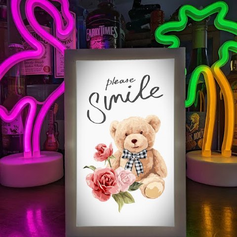 可愛い テディベア 熊さん 笑顔 薔薇 ぬいぐるみ 店舗 自宅 プレゼント ランプ 照明 看板 置物 雑貨 ウッドライトBOX 電飾看板 電光看板