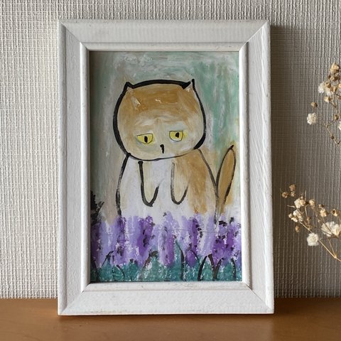 絵画。原画【紫の風信子の茂みを散歩している橘猫】