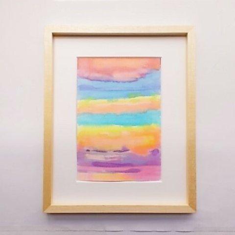 絵画 インテリア 水彩画 額絵 水彩と墨のコラボ画  風景 夕暮れの空