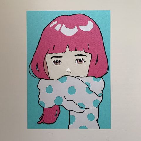 彼女は水玉のマフラーを巻いて　切り絵原画