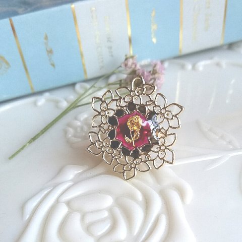 ♡再販⑥♡ vintage frame ring ヴィンテージフレームのローズリング B (レッド×ブラック・フリーサイズ)