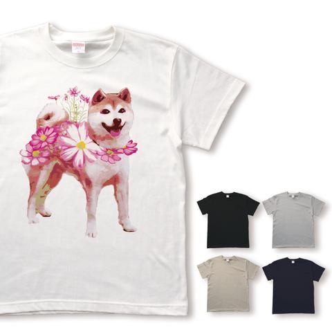 鮮やかコスモス柴犬のTシャツ