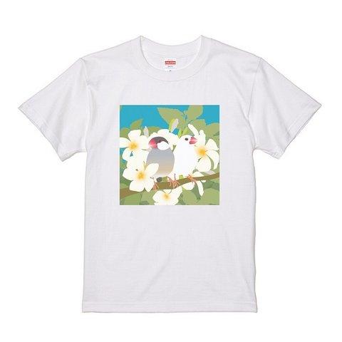 文鳥Tシャツ「プルメリアと2羽の文鳥」【受注生産】