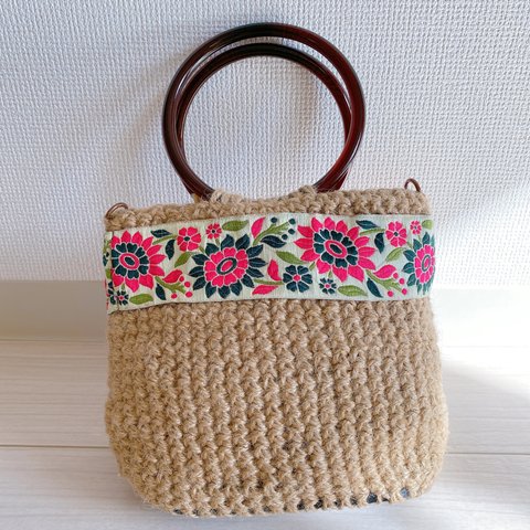 インド刺繍リボンの麻紐バック