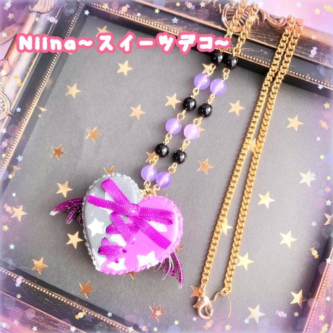 (SALE！)デビルハート♡ラッピングマカロンのネックレス(パープル＆ブラック)