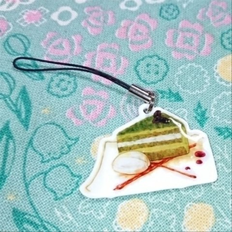 《受注制作》カフェメニュー絵ストラップ 抹茶ケーキ