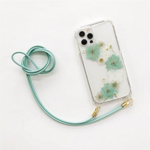 ミントグリーン かすみ草 紫陽花 千鳥草 押し花ケース iPhone14Pro/13/SE/12/11 スマホショルダー 斜め掛け スマホケース