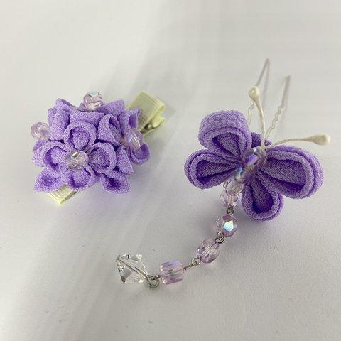 プチサイズの紫陽花と蝶々の髪飾り２点セットです(^^（パープル系）