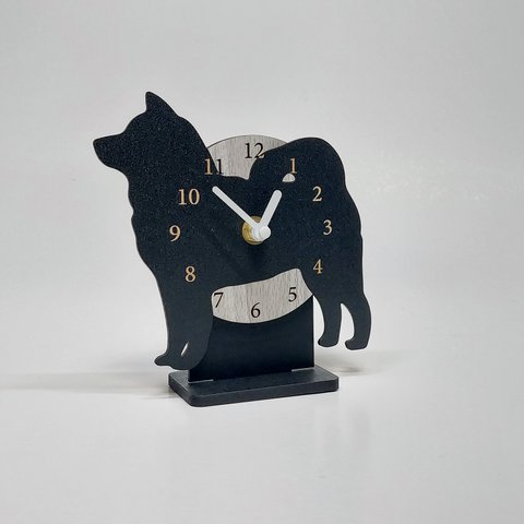 【文字・名入れ】【置時計スタンド付き】ワンちゃん コンパクト静音壁掛け時計 柴犬　黒