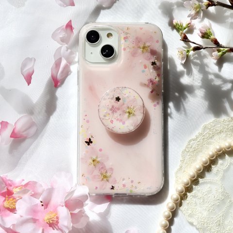❁⃘数量限定❁⃘桜ピンク❀スマホグリップ付き 押し花スマホケース  全機種 クリア iPhone15 iPhone14 スマホカバー 韓国  ショルダー さくら